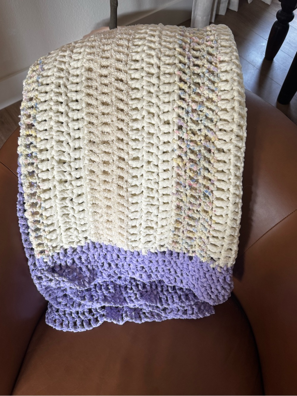 Handmade Cream and Lavender Crochet Throw Blanket - Home Accents